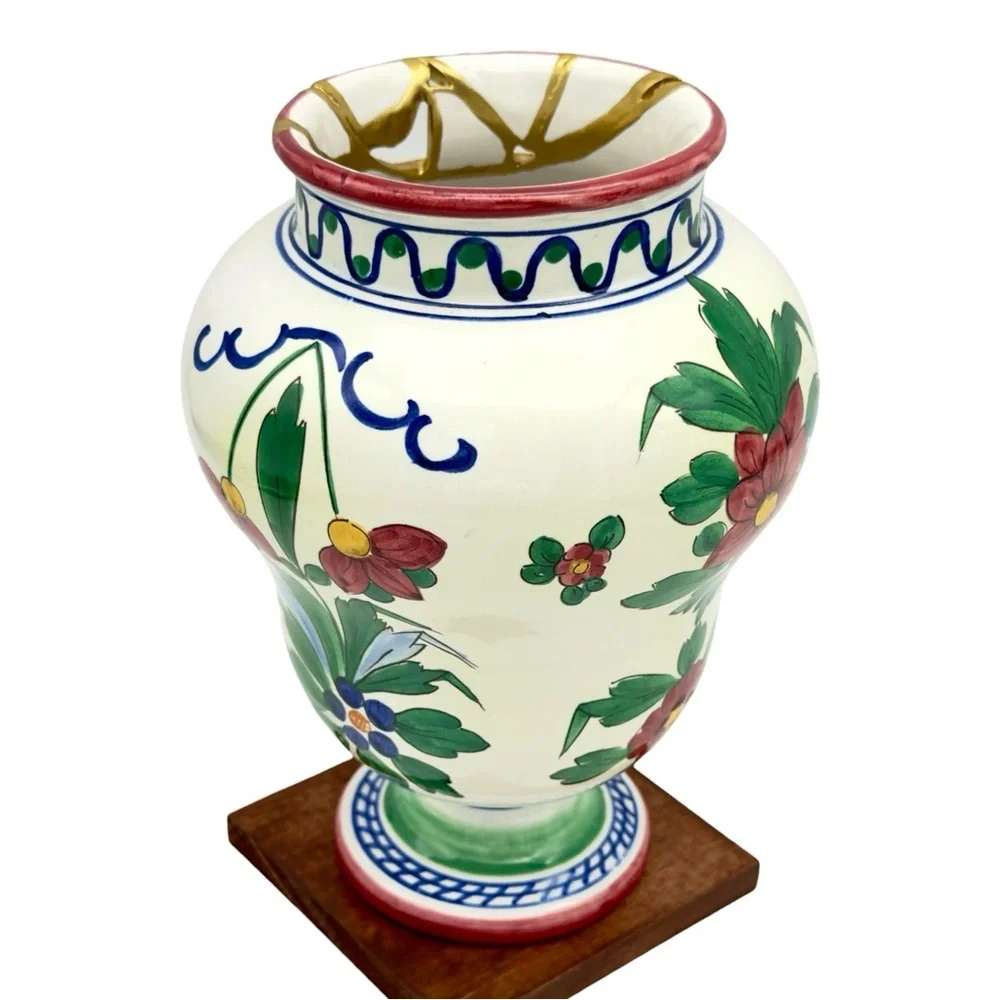 Kintsugi Vase Italian Majolica Pottery Gold Crack Art Personal Growth Gift - Picture 17 of 17